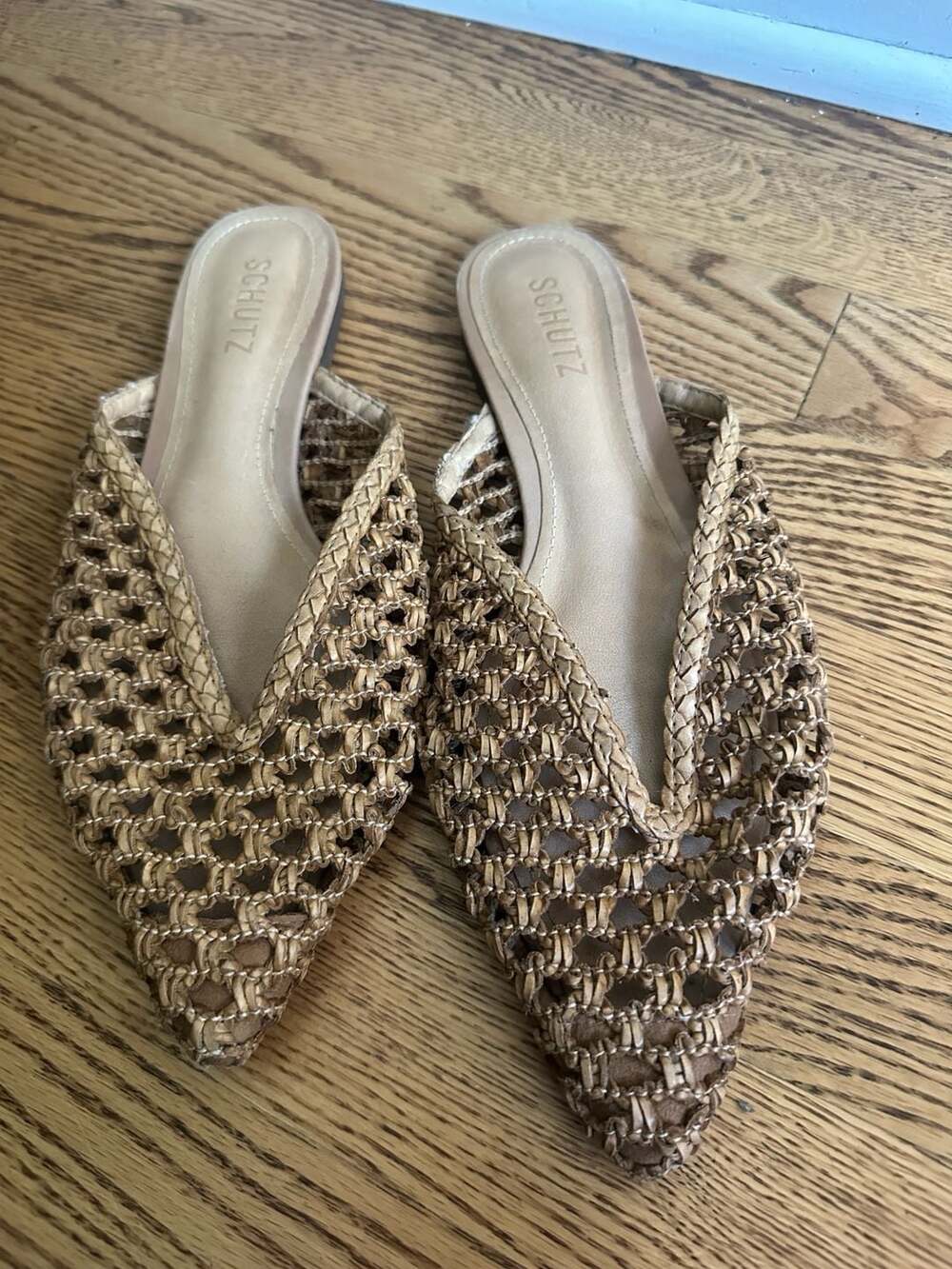Schutz Woven Pointed Toe Flat Mules Size 7.5B Brown Leather Slip On Shoes